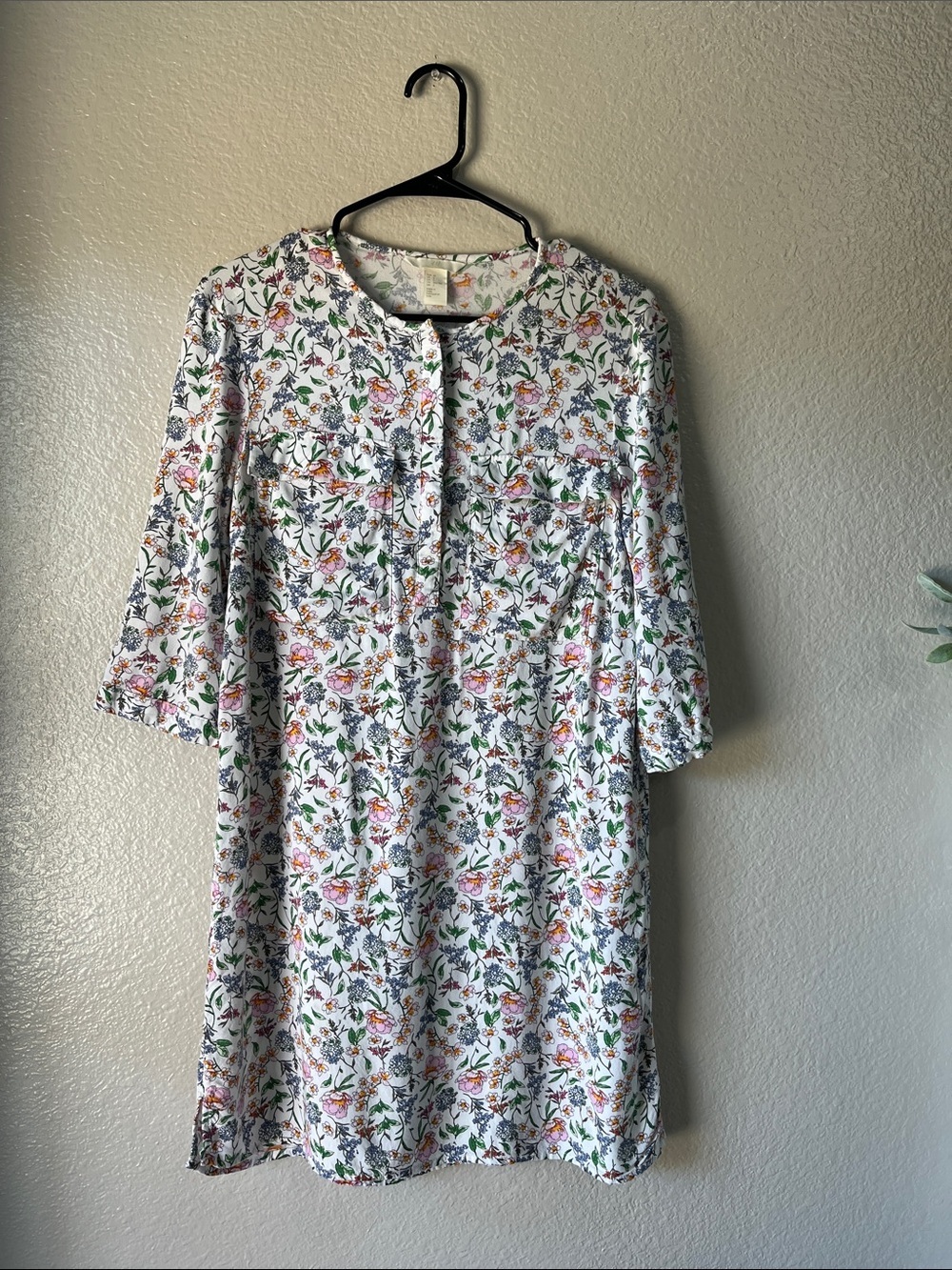 H&M White Floral Long Sleeve Shift Midi Dress Sz 2 Boho Hippie Summer